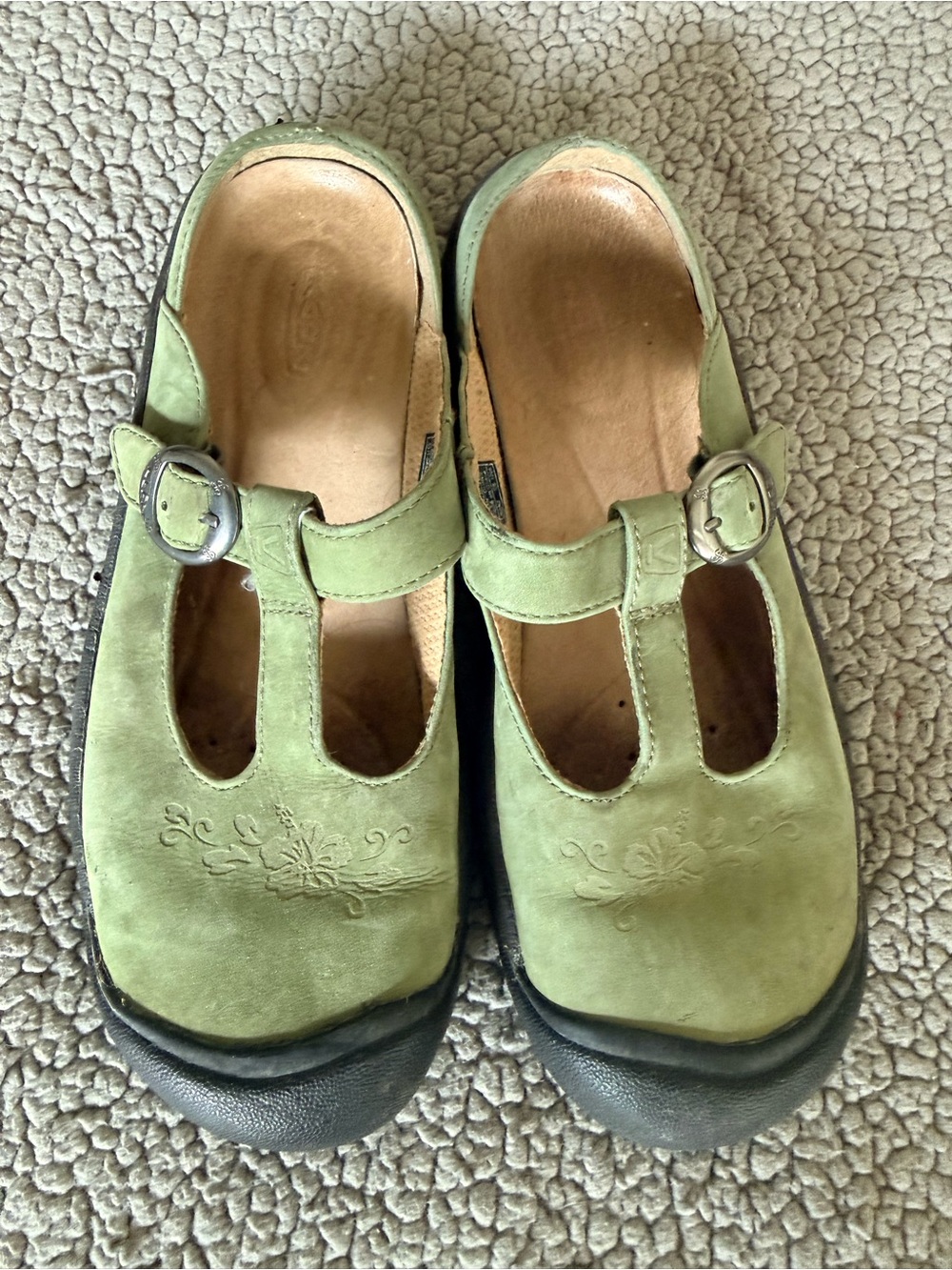 Keen Olive Green Suede T-Strap Clog Mules